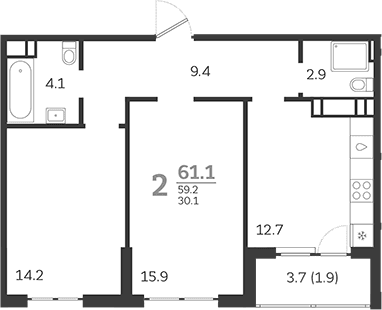 Продается 2-комн. квартира, 59.2 м²