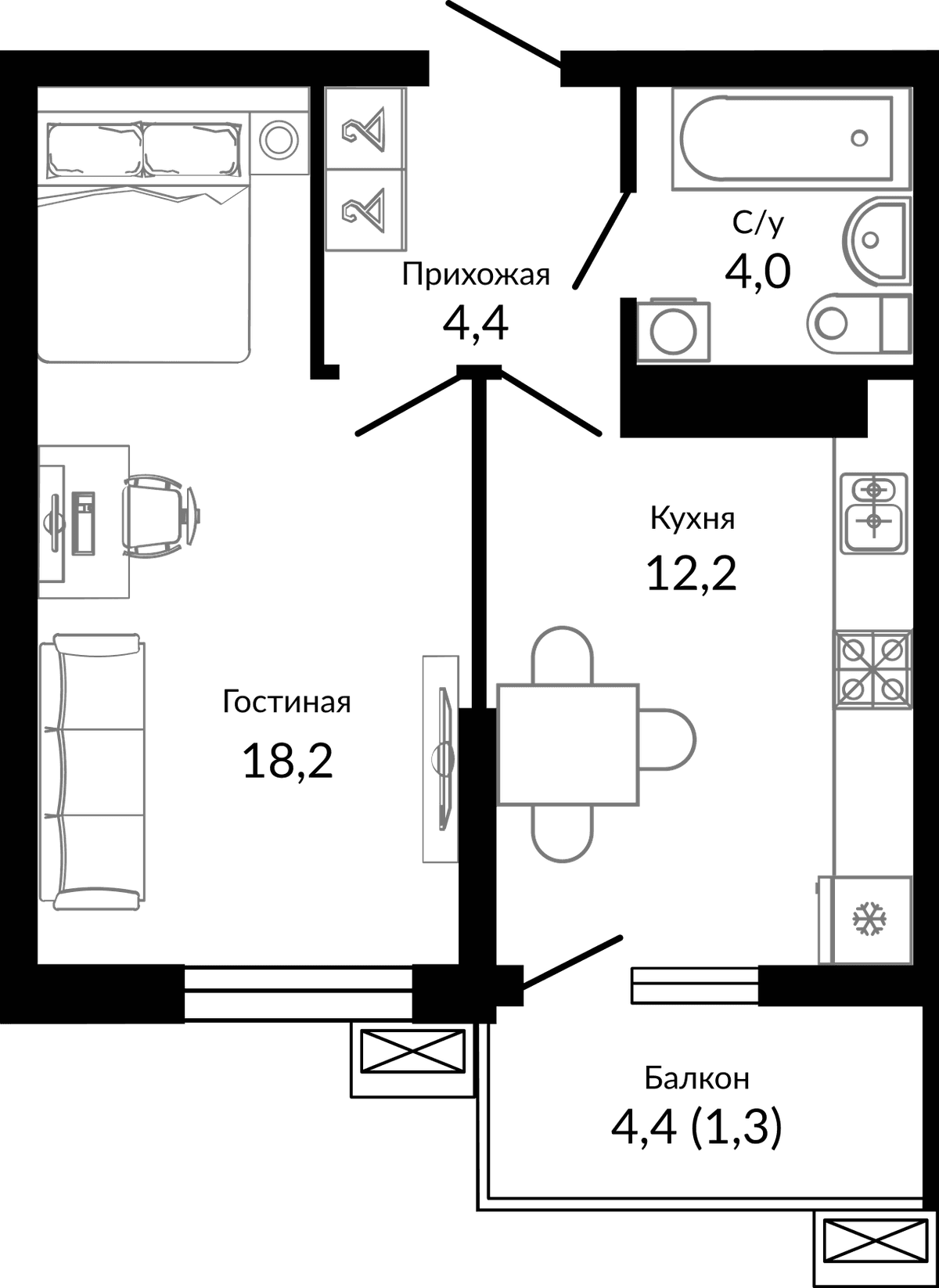 Продается 1-комн. квартира, 39.9 м²