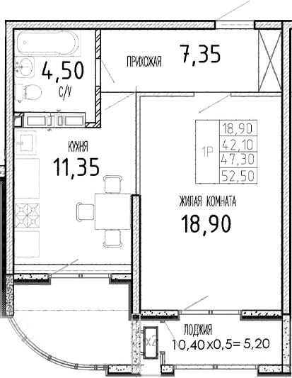 Продается 1-комн. квартира, 42.1 м²