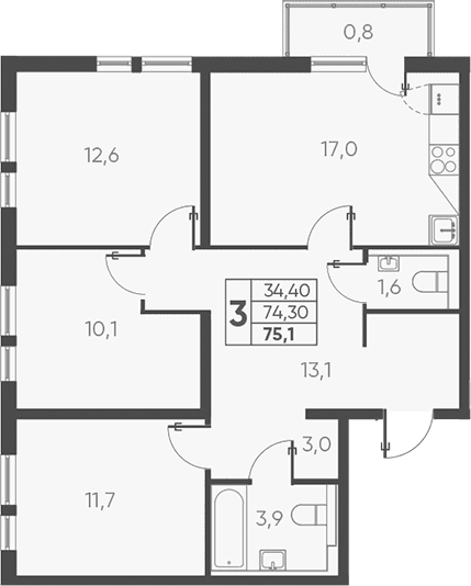 Продается 3-комн. квартира, 76.17 м²
