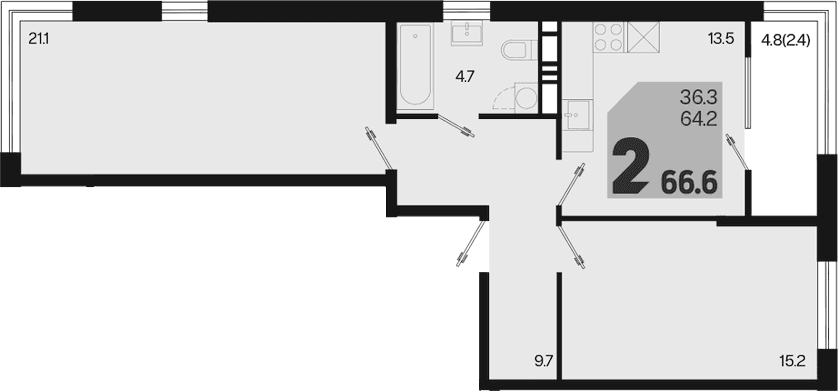 Продается 2-комн. квартира, 64.2 м²