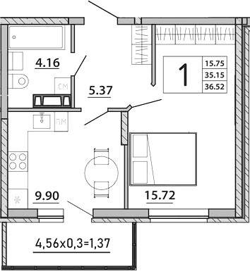 Продается 1-комн. квартира, 35.15 м²