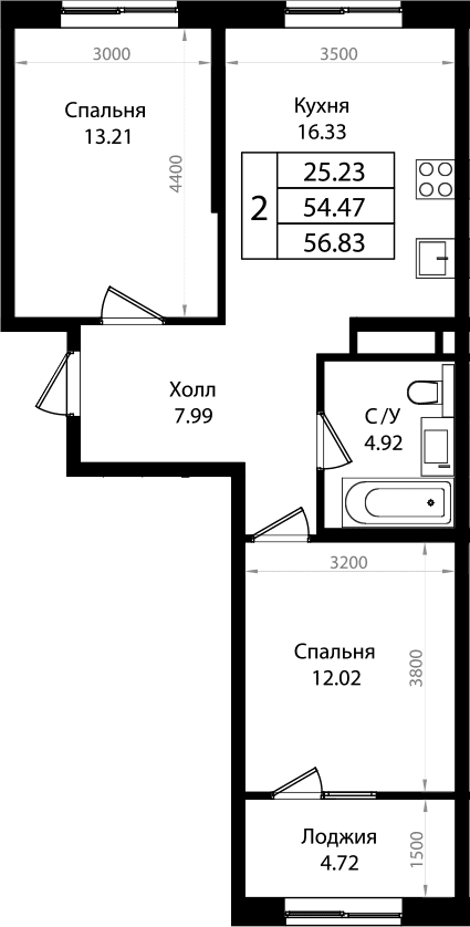 Продается 2-комн. квартира, 54.62 м²
