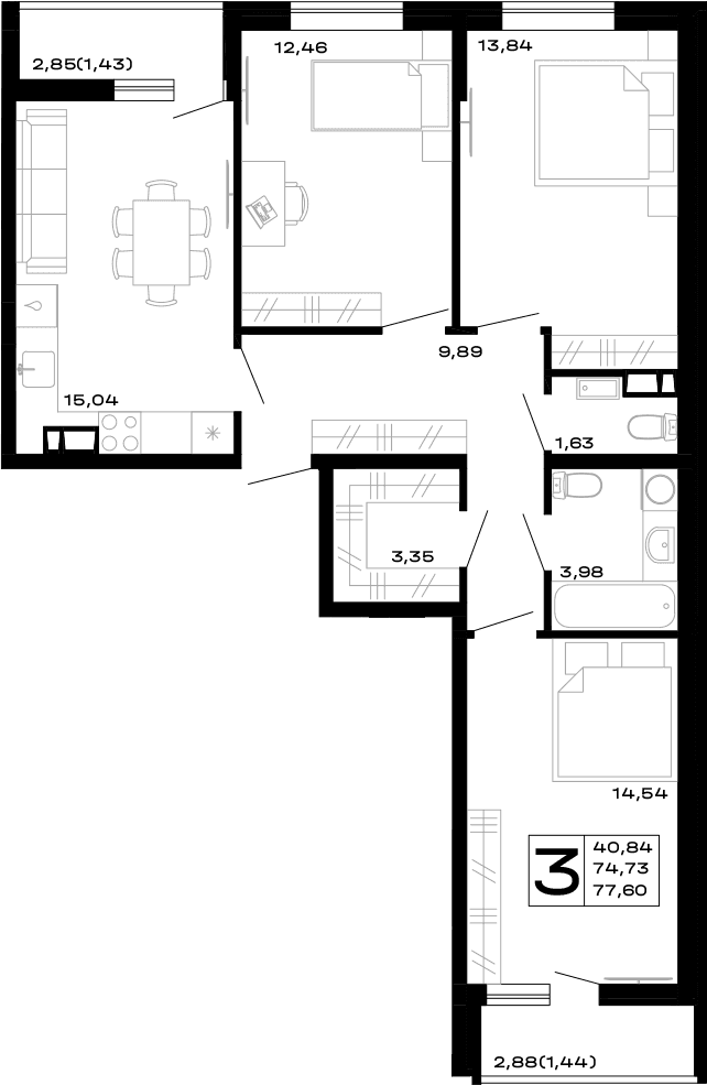 Продается 3-комн. квартира, 74.73 м²