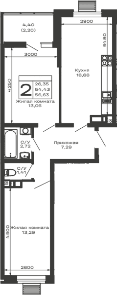 Продается 2-комн. квартира, 54.43 м²