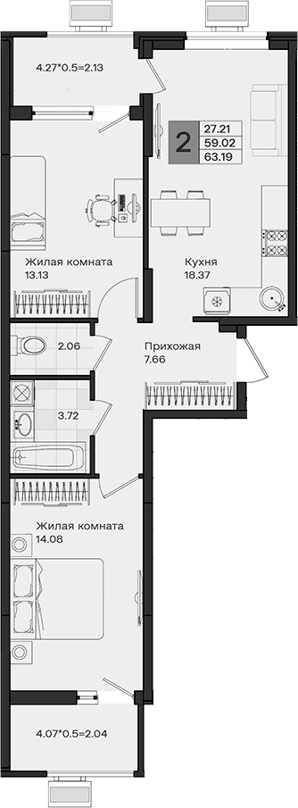 Продается 2-комн. квартира, 59.02 м²