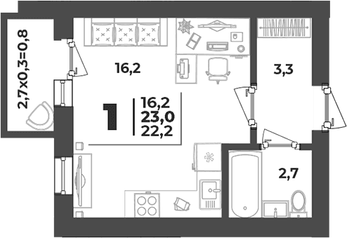 Продается 1-комн. квартира, 22.2 м²