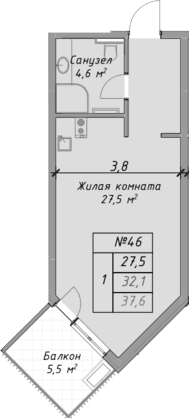 Продается 1-комн. квартира, 32.1 м²