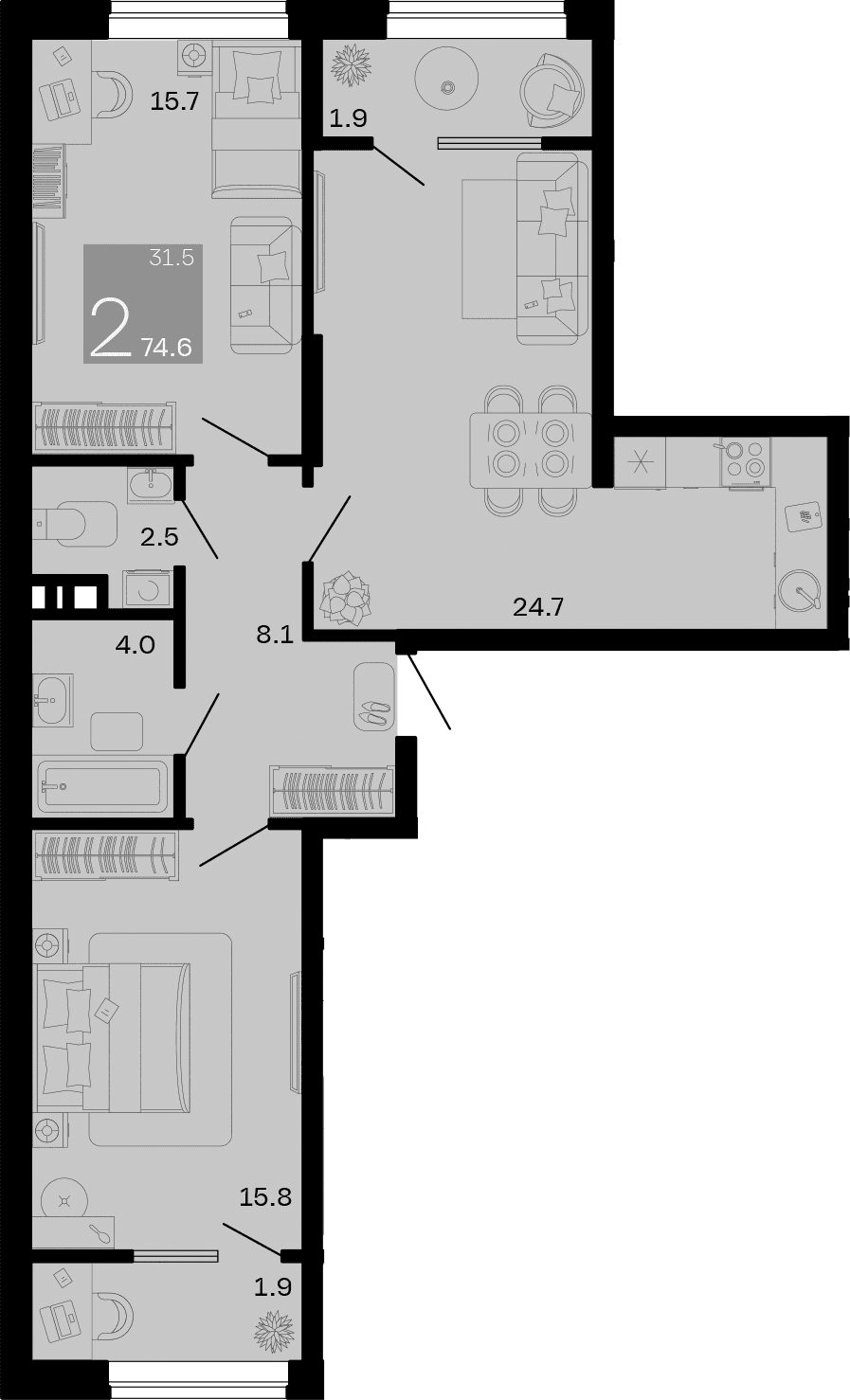 Продается 2-комн. квартира, 70.8 м²