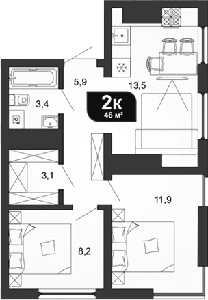 Продается 2-комн. квартира, 46 м²