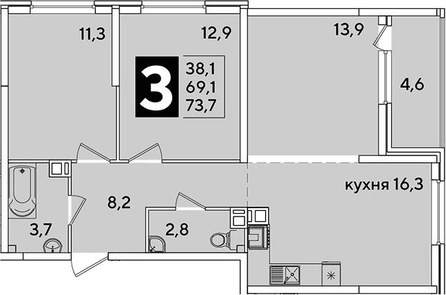 Продается 4-комн. квартира, 69.1 м²