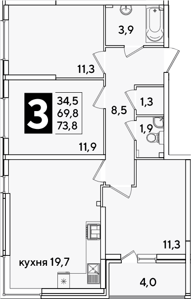Продается 4-комн. квартира, 69.8 м²