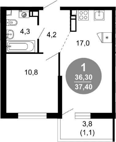 Продается 1-комн. квартира, 36.3 м²