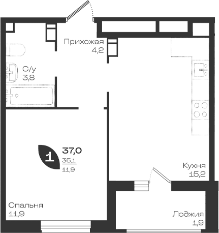 Продается 1-комн. квартира, 35.1 м²