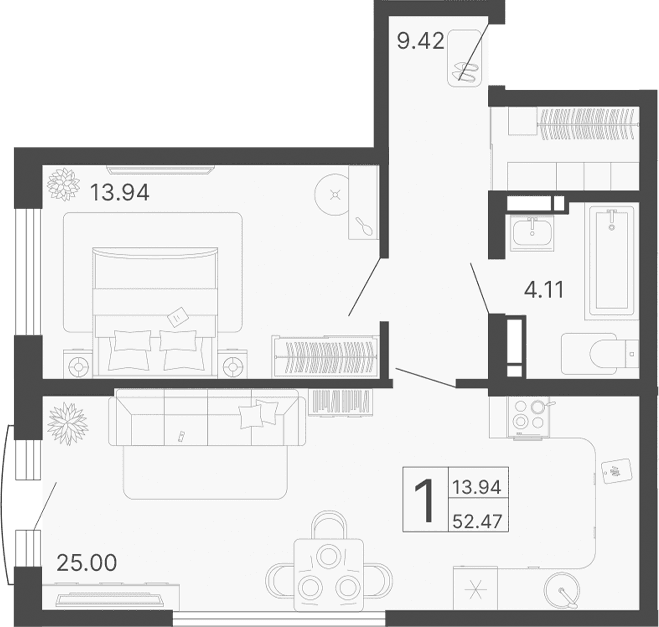 Продается 1-комн. квартира, 52.47 м²