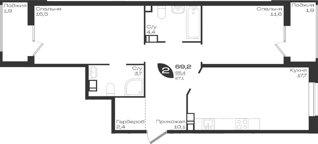 Продается 2-комн. квартира, 65.4 м²