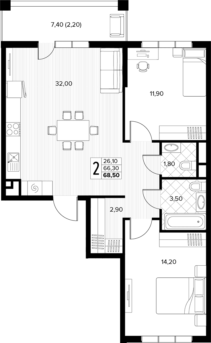 Продается 2-комн. квартира, 66.3 м²