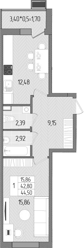 Продается 1-комн. квартира, 42.8 м²