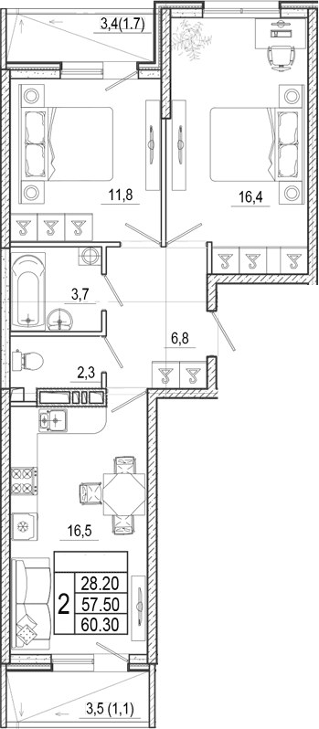 Продается 3-комн. квартира, 57.5 м²