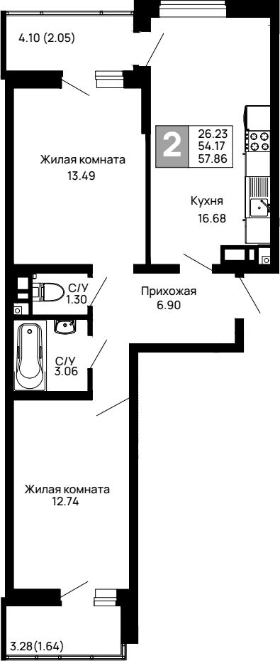 Продается 2-комн. квартира, 54.17 м²