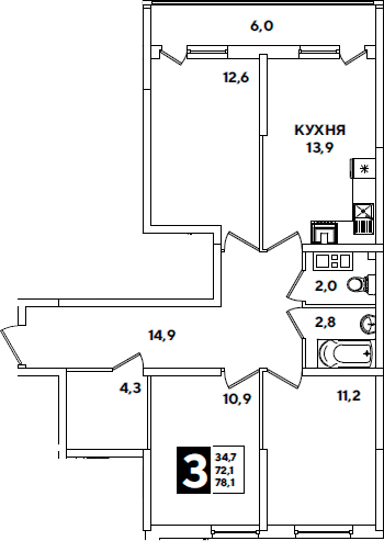 Продается 3-комн. квартира, 72.1 м²