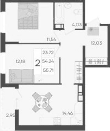 Продается 2-комн. квартира, 54.24 м²