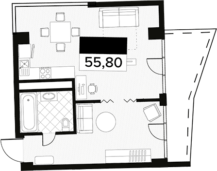 Продается 1-комн. квартира, 55.8 м²