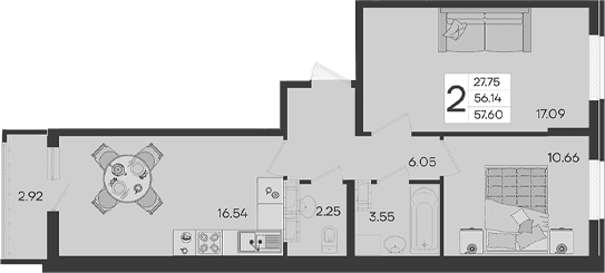 Продается 2-комн. квартира, 56.14 м²