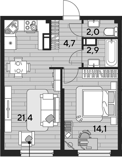 Продается 1-комн. квартира, 45.1 м²