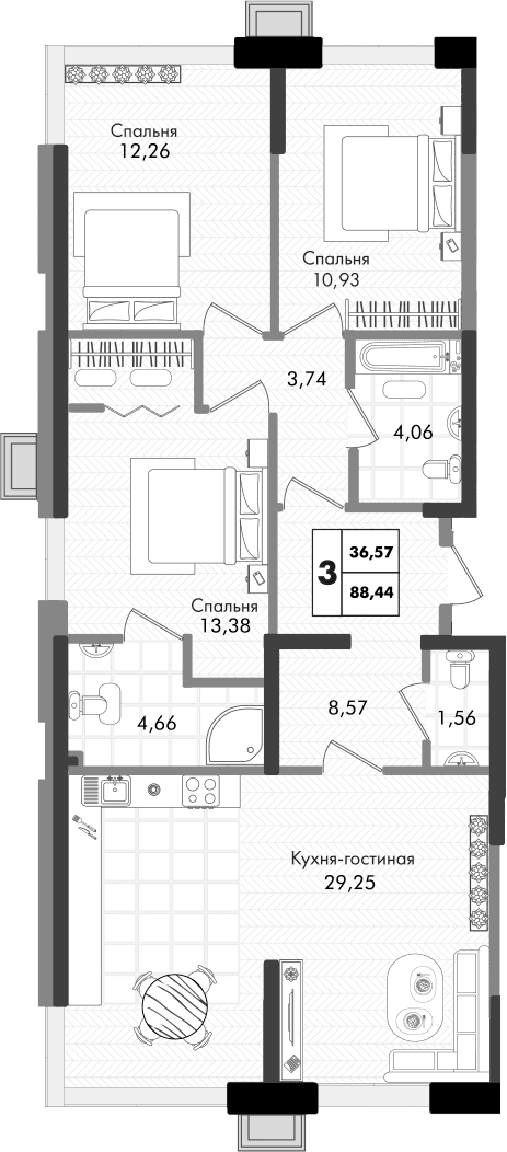 Продается 4-комн. квартира, 88.44 м²
