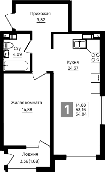 Продается 1-комн. квартира, 53.16 м²