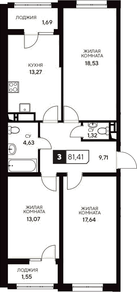 Продается 3-комн. квартира, 78.17 м²