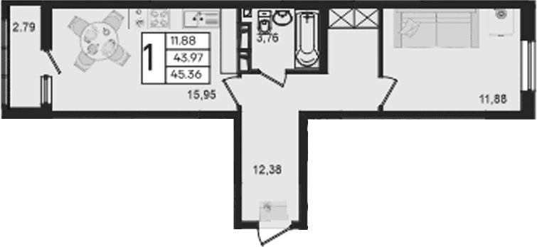 Продается 1-комн. квартира, 43.96 м²