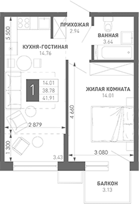 Продается 1-комн. квартира, 39.69 м²