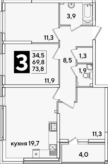 Продается 4-комн. квартира, 69.8 м²