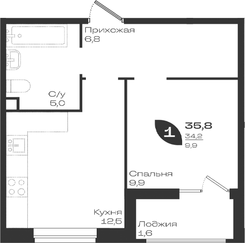 Продается 1-комн. квартира, 34.2 м²