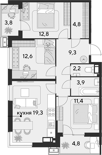 Продается 4-комн. квартира, 76.3 м²