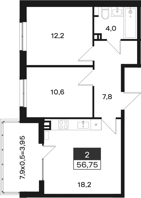 Продается 2-комн. квартира, 52.8 м²