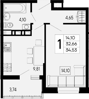 Продается 1-комн. квартира, 32.66 м²
