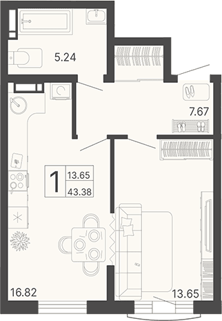 Продается 1-комн. квартира, 43.38 м²