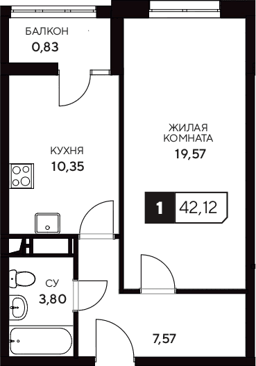 Продается 1-комн. квартира, 41.29 м²