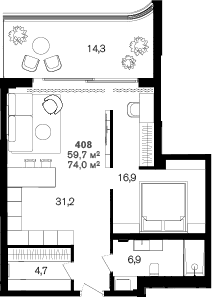 Продается 1-комн. квартира, 59.7 м²