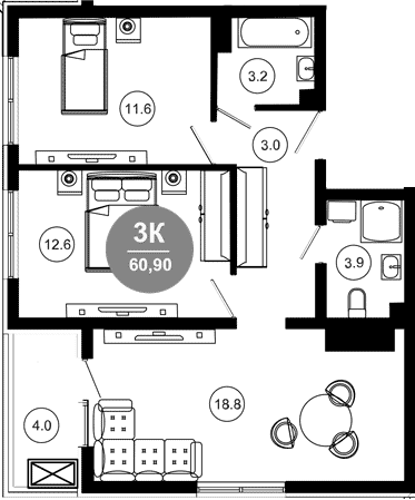 Продается 3-комн. квартира, 58 м²