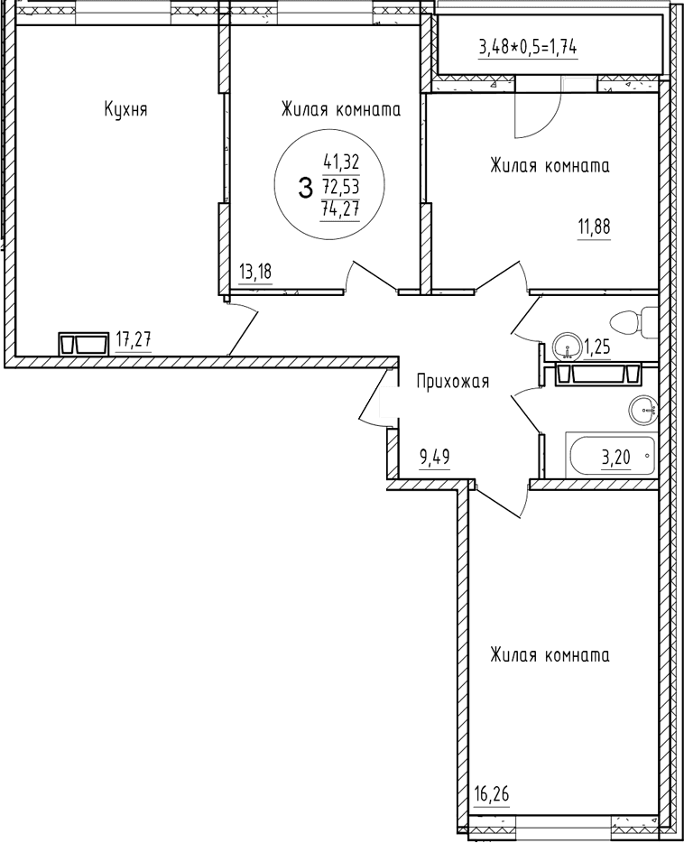 Продается 3-комн. квартира, 72.53 м²
