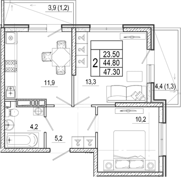 Продается 2-комн. квартира, 44.8 м²