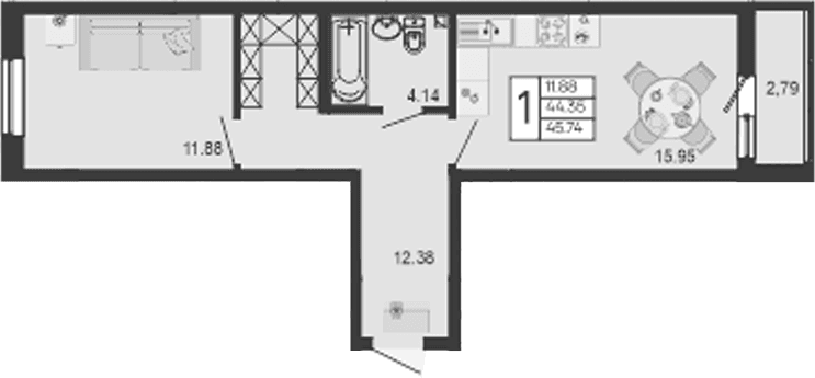 Продается 1-комн. квартира, 44.34 м²