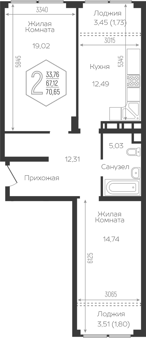 Продается 2-комн. квартира, 64.77 м²