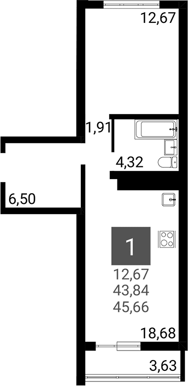 Продается 1-комн. квартира, 42.02 м²
