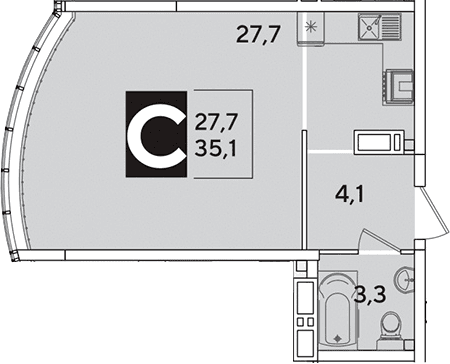 Продается 1-комн. квартира, 35.1 м²
