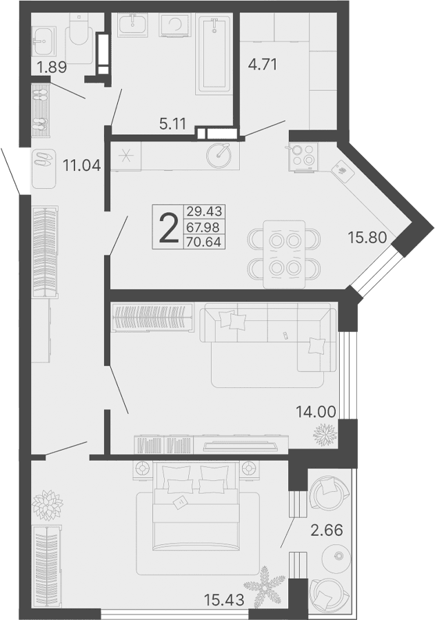 Продается 2-комн. квартира, 67.98 м²